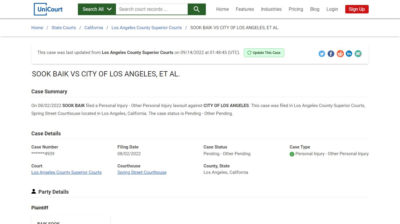 SOOK BAIK VS CITY OF LOS ANGELES, ET AL | Court Records - UniCourt